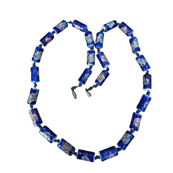 Vintage Chinese Cloisonne Blue Floral Glass Bead Necklace With Barrel Clasp 22" - Picture 1 of 6